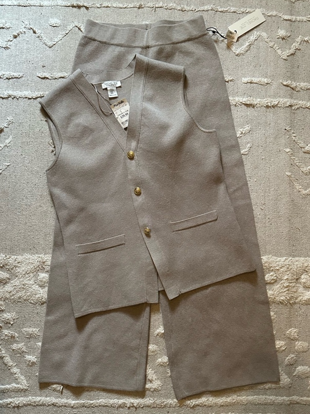 Neutral Sleeveless Button Vest & Wide Leg Knit Pants Set - Taupe